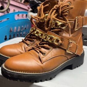 Stylish Tan Combat Boots with Gold Accents